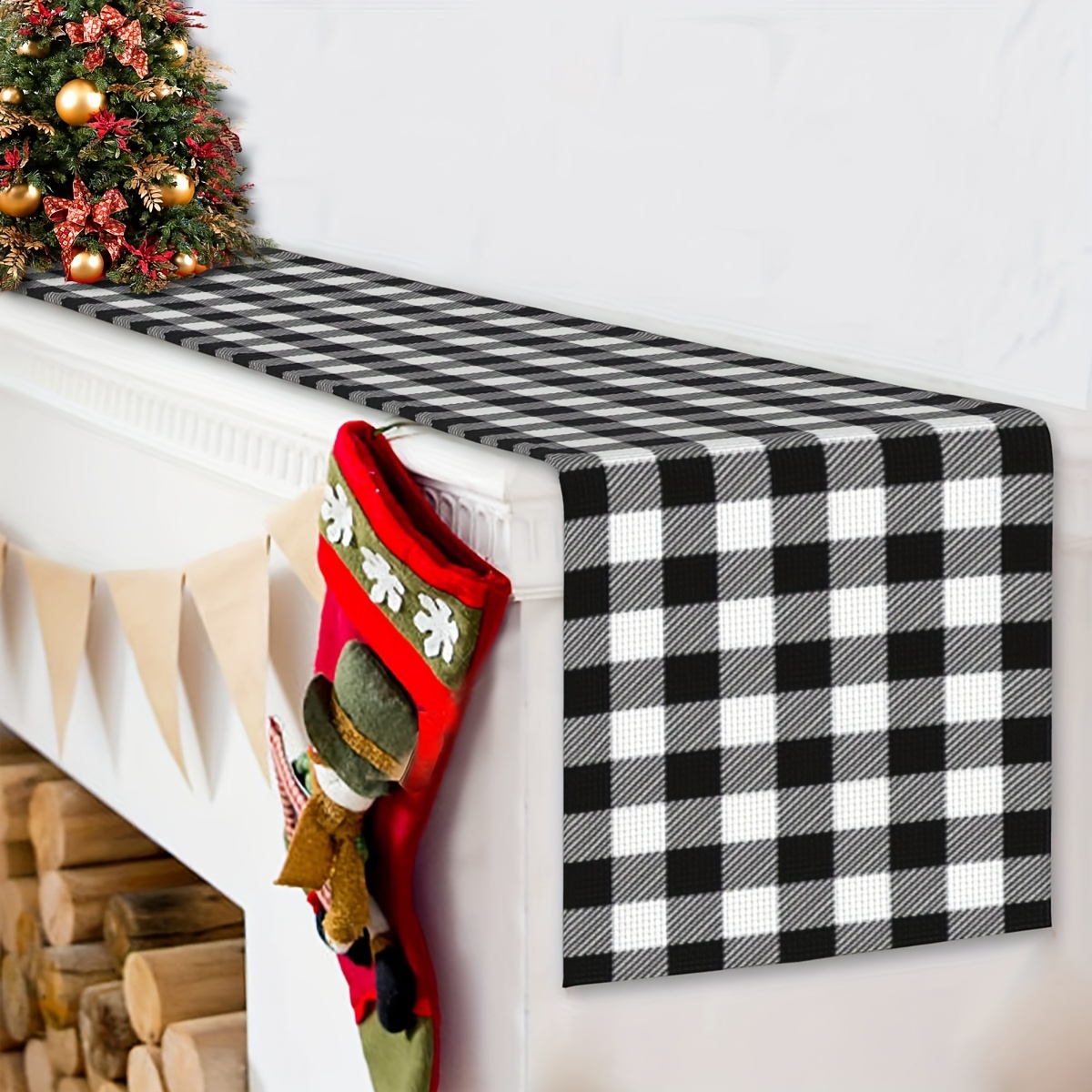 

Christmas Polyester Table Runner - Rectangular Woven Holiday Table Decoration, Black And White Buffalo Plaid, Festive Home Decor For Dining & Living Room