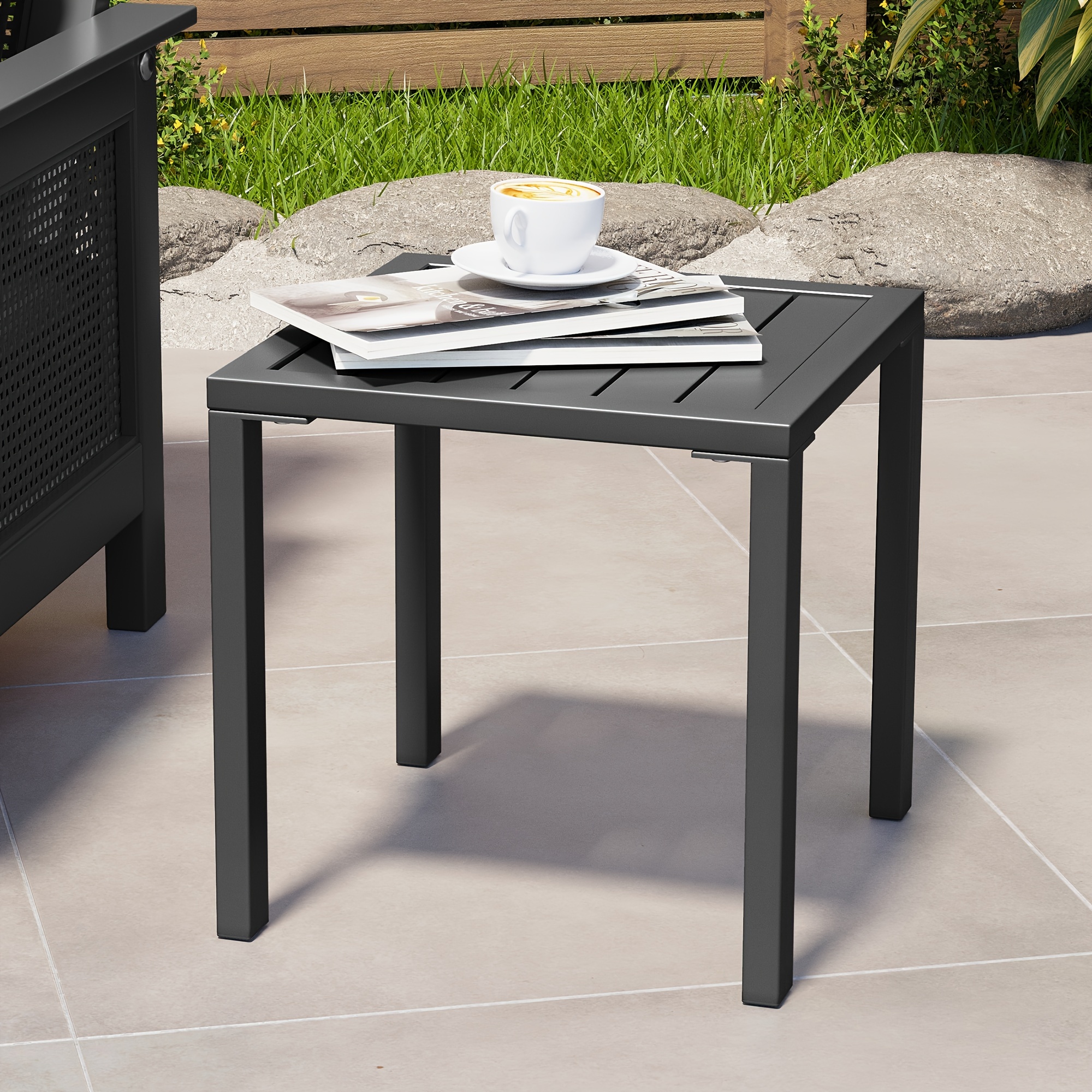 Festival Depot Metal Wood Grain Outdoor Side Table Metal Outdoor Side Coffee Table Patio Bistro Dining Table With Steel Legs Brown Black