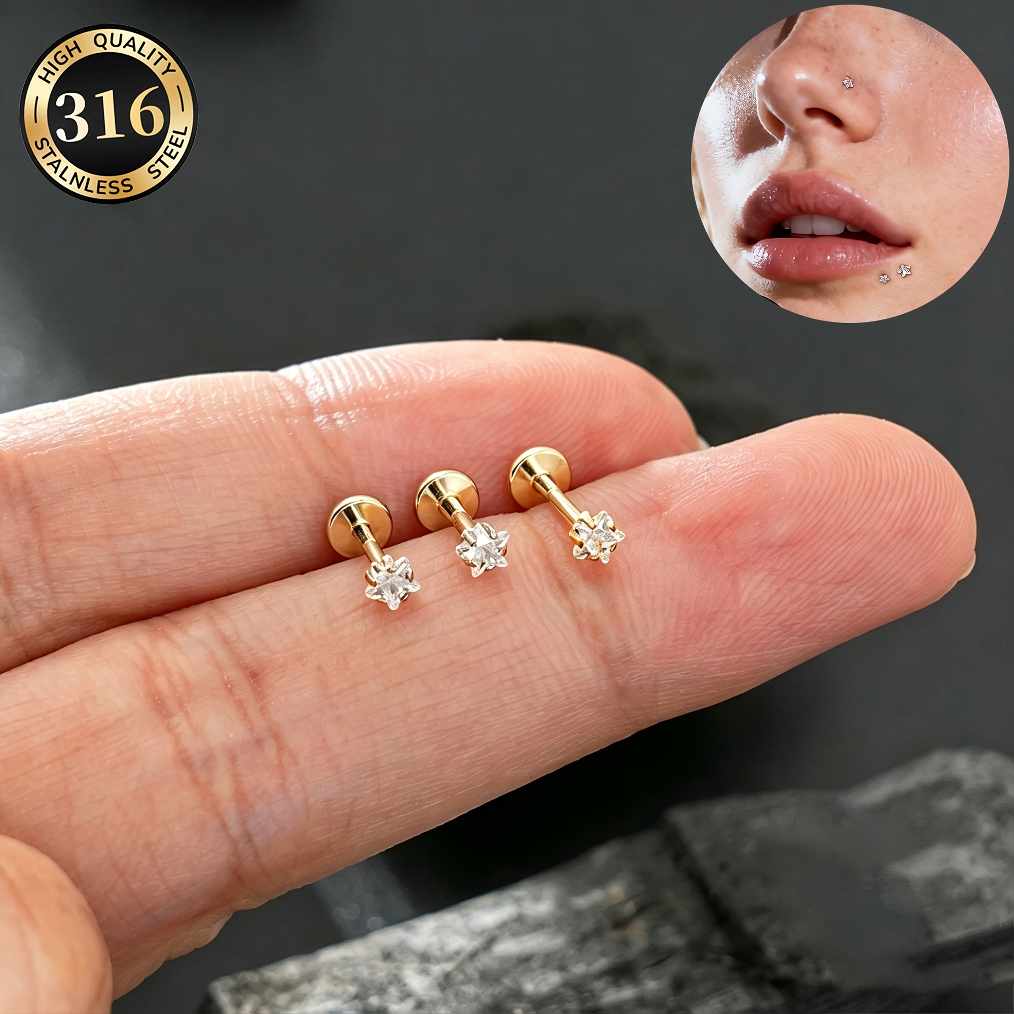 TEMU 3pcs Internal Thread Cz Star Ear Bone Piercing Jewelry - Steel Mini Flat Ear Lobe/ear Screen/earring/nasal Bridge Bone/lip Stud, Hypoallergenic