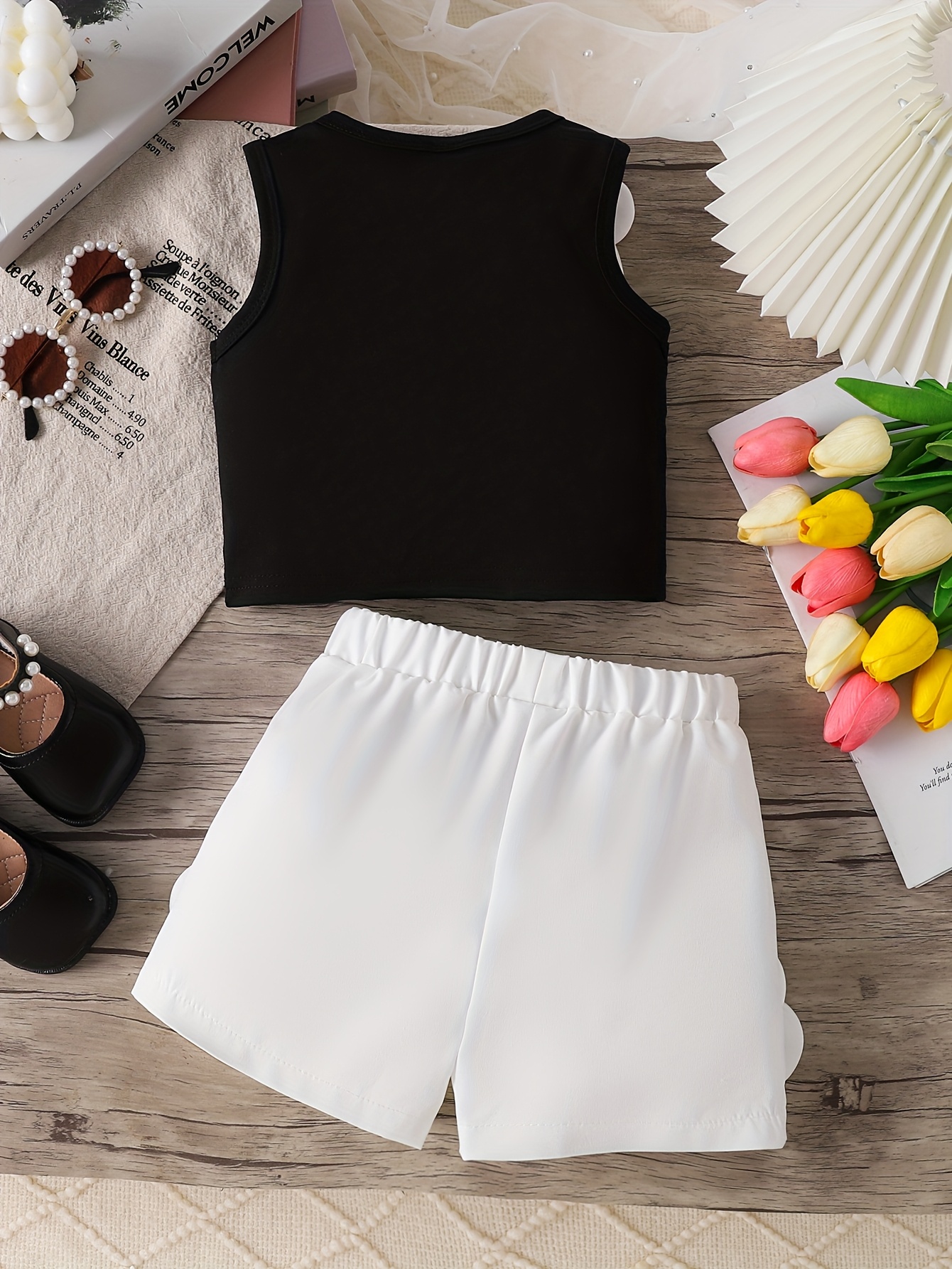 Two-piece Set for Little Girl: Black Sleeveless Top with White Patchwork and White Patchwork Shorts