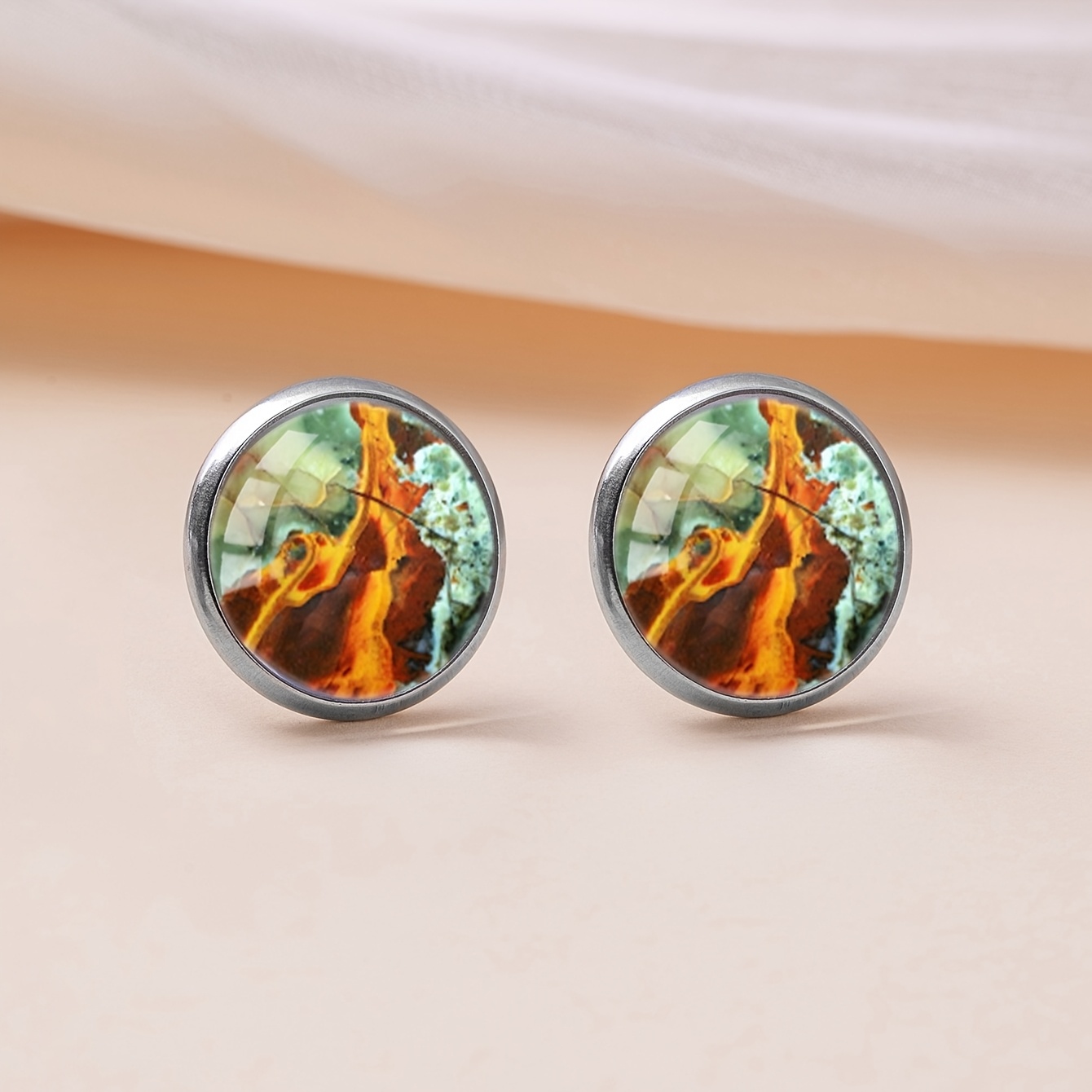 Orange-Green Mineral Texture Pattern Stud Earrings