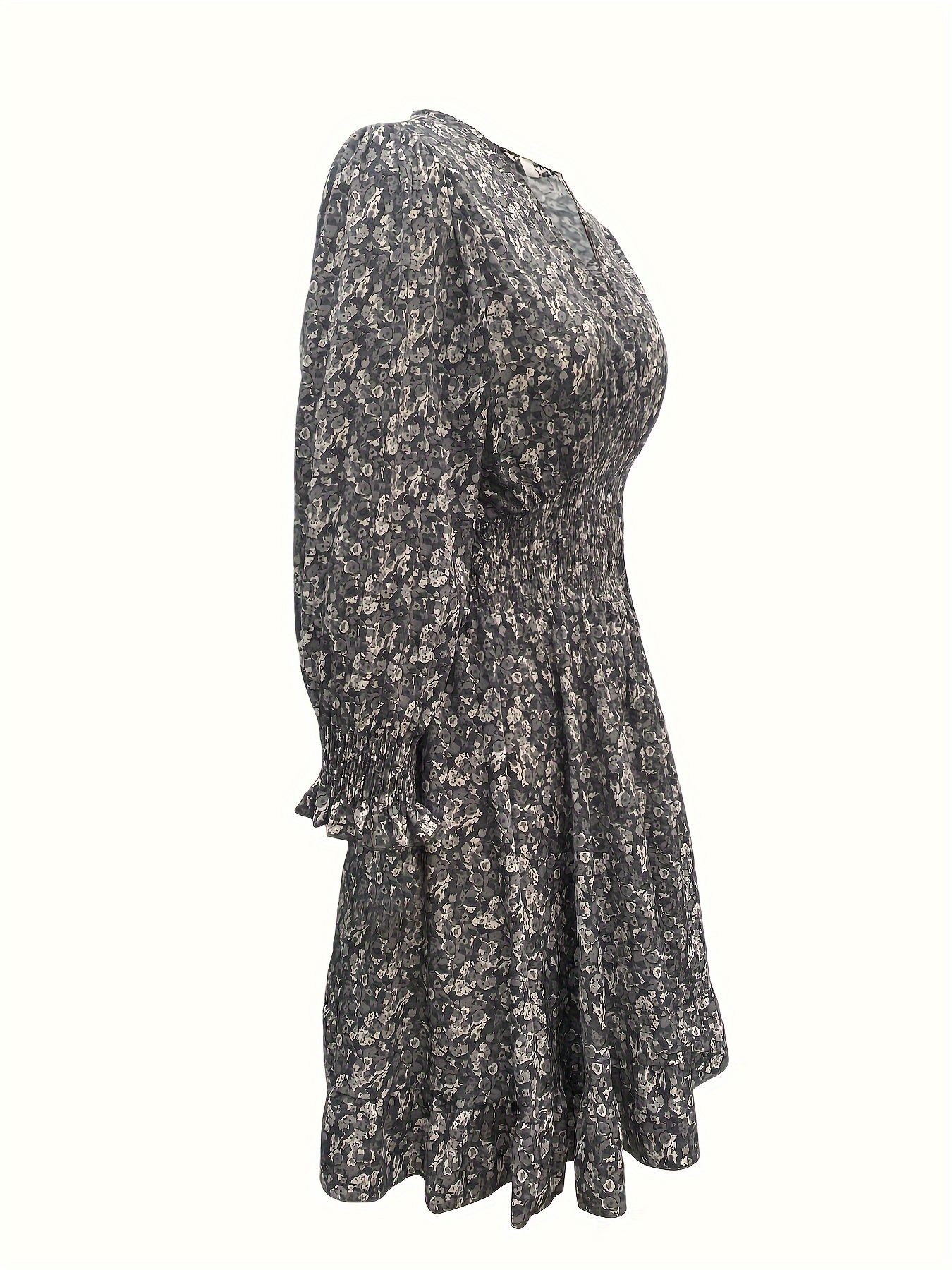 shirred waist v neck dress floral print elegant 3 4 sleeve dress for   womens clothing details 2