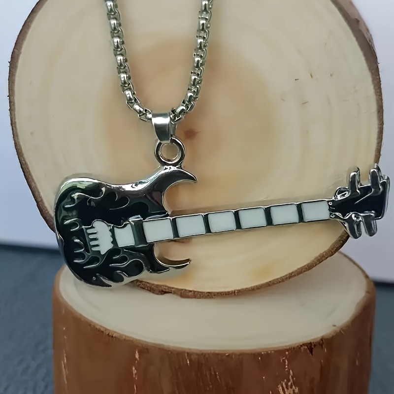 TEMU Men's Punk Rock Guitar Pendant Necklace - Colorful Resin Musical Instrument Ornament With Alloy Guitar, Design, Adjustable Chain For Casual &