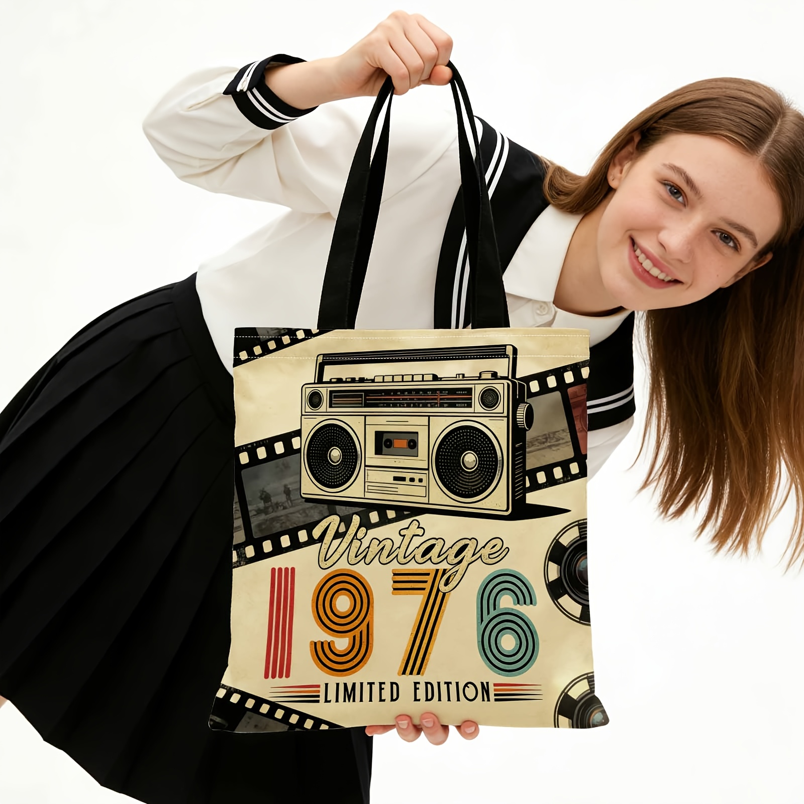 TEMU 1pc Shopper Bag, Bag, Ed Tote Bag, Reusable Fashionable Shopping Bag, Vintage Cassette, 1976, Edition, Suitable For Daily Commuting, Shopping,