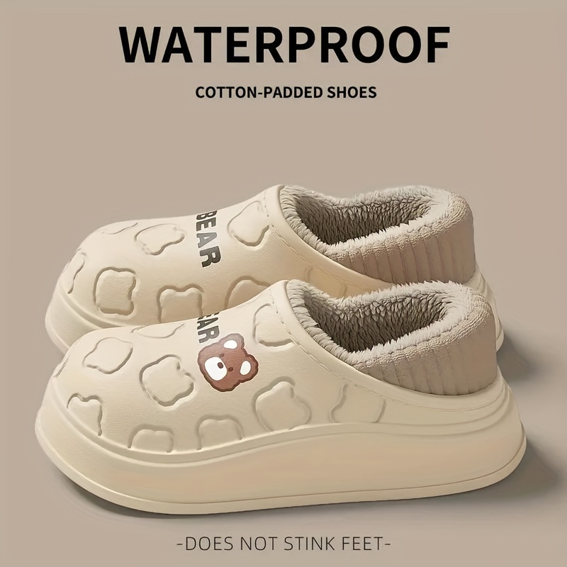 TEMU 1 Fleece-lined Slippers, Casual Cartoon Style Indoor/ Eva Warm Clogs, Round Toe -on Thick Fashion Slides