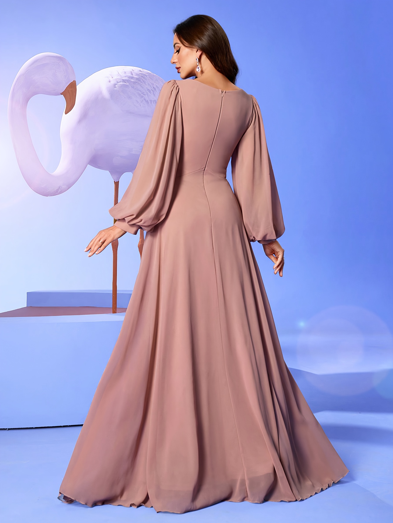 lantern sleeve chiffon dress Beige