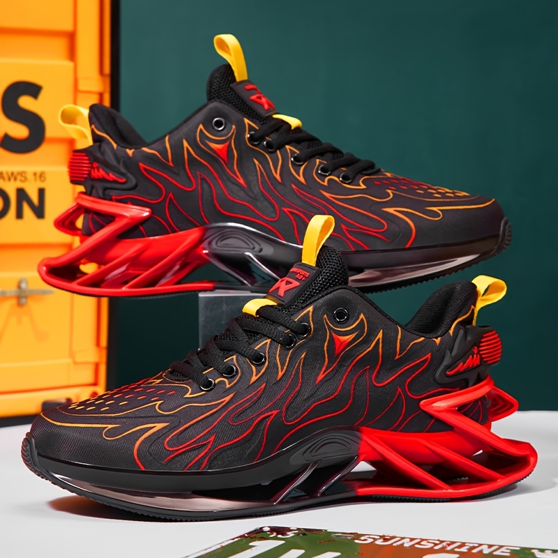 Heren Sneakers Met Vlammen Ontwerp Zwart, Rood En Geel, Stijlvolle  Veterschoenen Met Unieke Heelpulls, Casual Atletische Schoenen, Atletische 