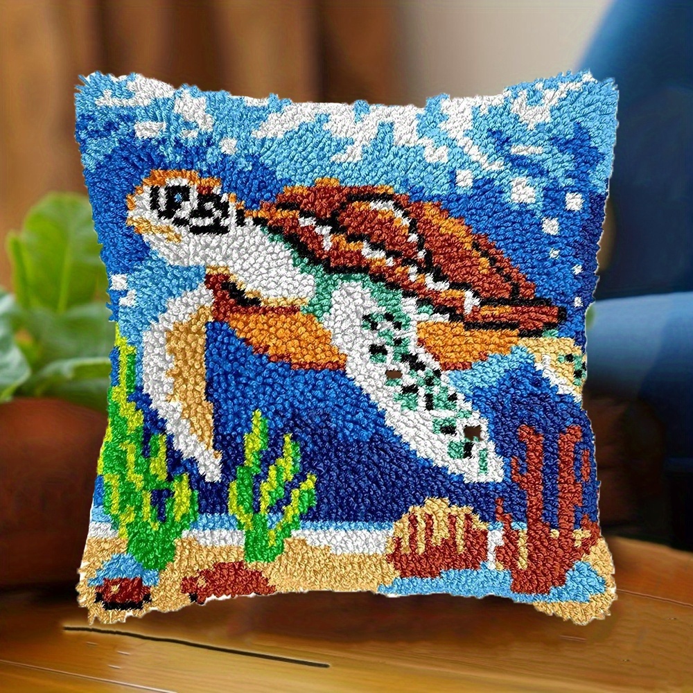 Traveling Sea Turtle Latch Hook Kits For Adults, Beginners Ocean Latch Hook Pillow Kit Pre-printed Latch Hook Rug Kits Cross- Embroidery Cushion For Home Sofa Decoration 17x17 In. 43x43cm