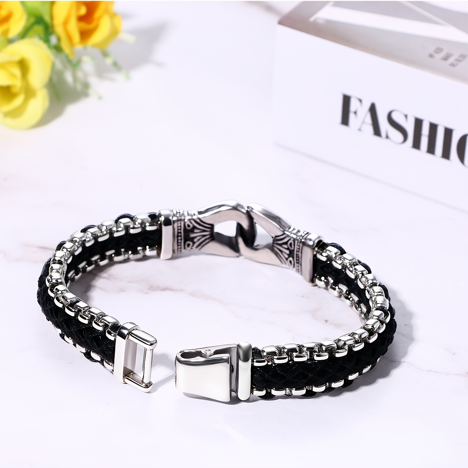 Men's Leather Bracelet Silvery Black Perfect Gift For Boyfriend, Husband, Father Or Friend
