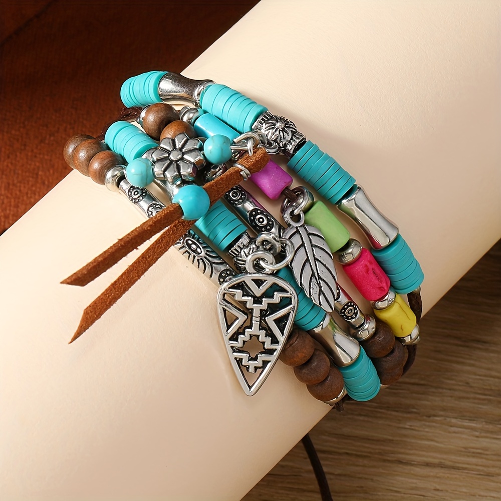 Tribal Bracelet Set with Turquoise Beads and Feather Charms