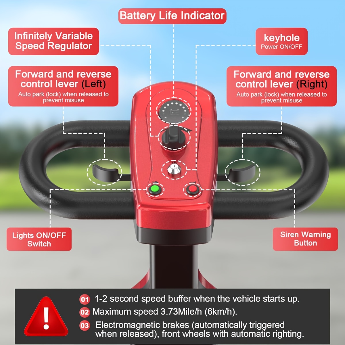 lightweight 4-wheel electric mobility scooter with non-slip   solid tires, front basket, led headlight, foldable adult mobility scooter with red/black/blue/purple colors, senior transportation, safety features disabled mobility aid Product details 6