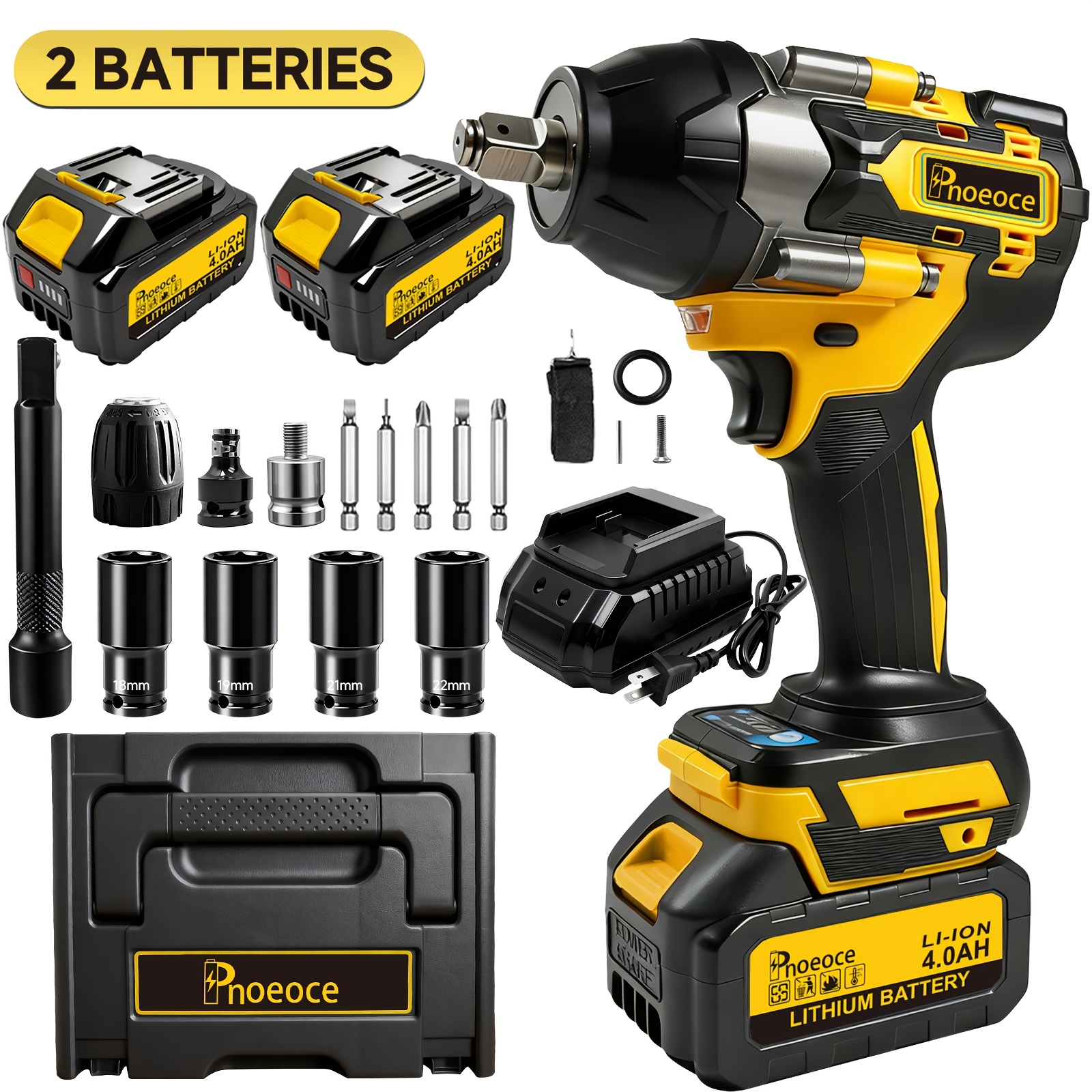 TEMU 1/2" 20v Brushless Cordless Impact Wrench Kit, 850n.m High Torque 3200rpm 3-speed, 2×4.0ah Batteries & Fast Charger, Led Dashboard & Heat Vents,