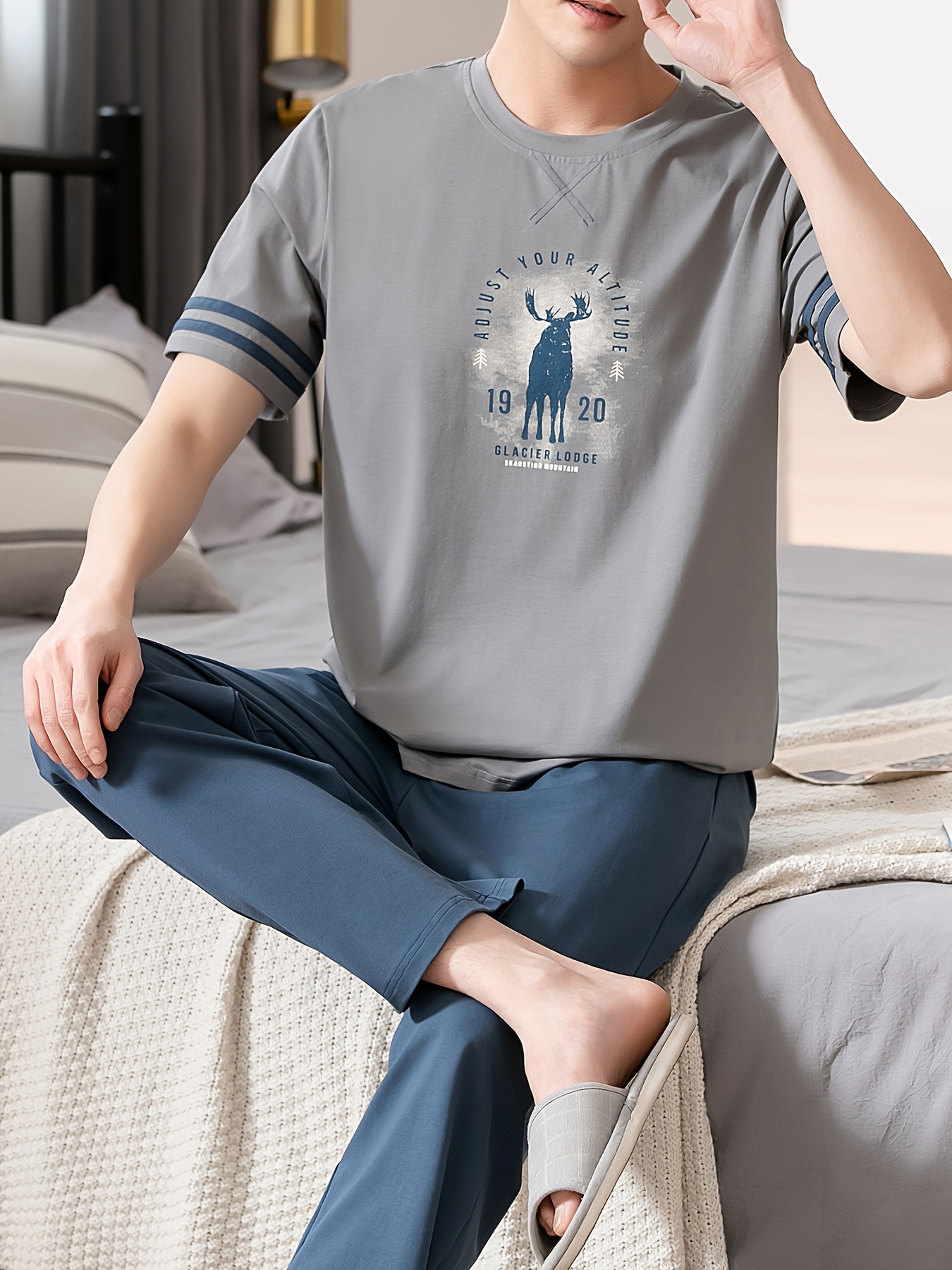 Summer Men's Pajamas Pure Cotton Short Sleeve Long Pants Slim Fit Plus Size Youth Loose Home Wear Set