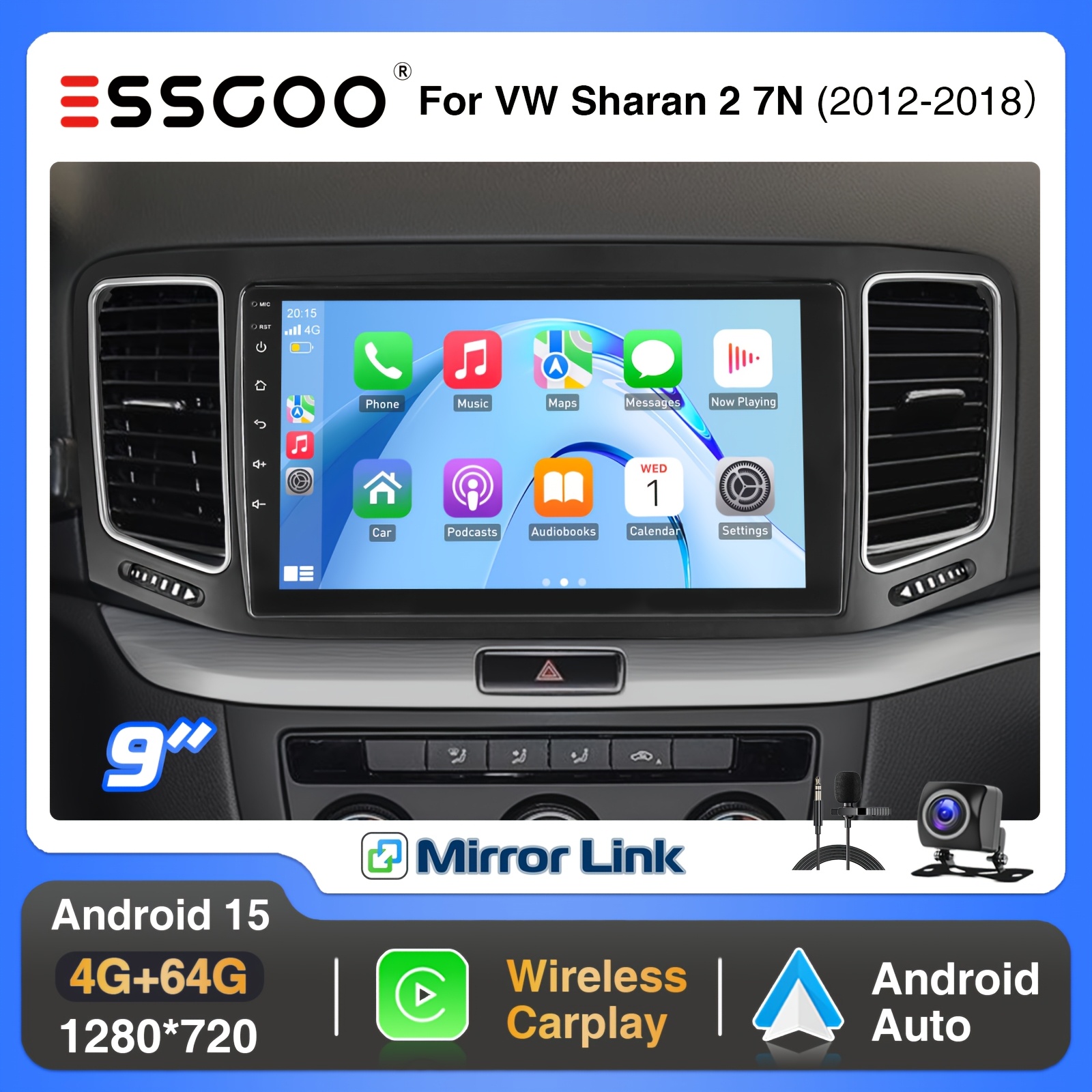 Essgoo [radio Upgrade Kit] 15 4+64g For Vw 7n Seat Alhambra Ii 2010-2022 (frame Included) Car Stereo 9 Inch Ips Screen With , Auto, Fan Cooling/ Gps/ Wifi/ Fm/ Rds/ Usb/ / With Microphone