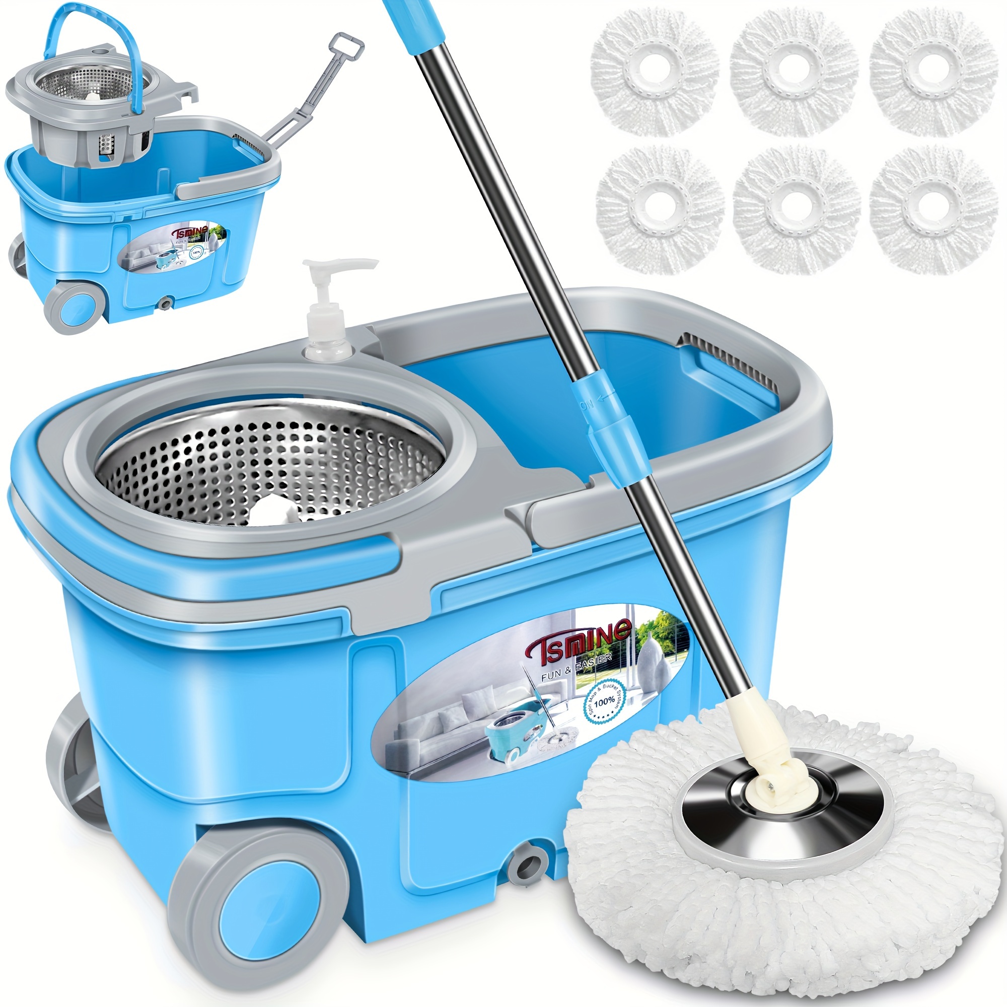 

Spin Mop And With 2x Wheels - 360° Rotating Floor Cleaning Kit, Includes 6 Microfiber Heads, 61" Extendable Handle - Ideal For Hardwood, Tile, Laminate Floors In Kitchens, Bedrooms, Living Rooms