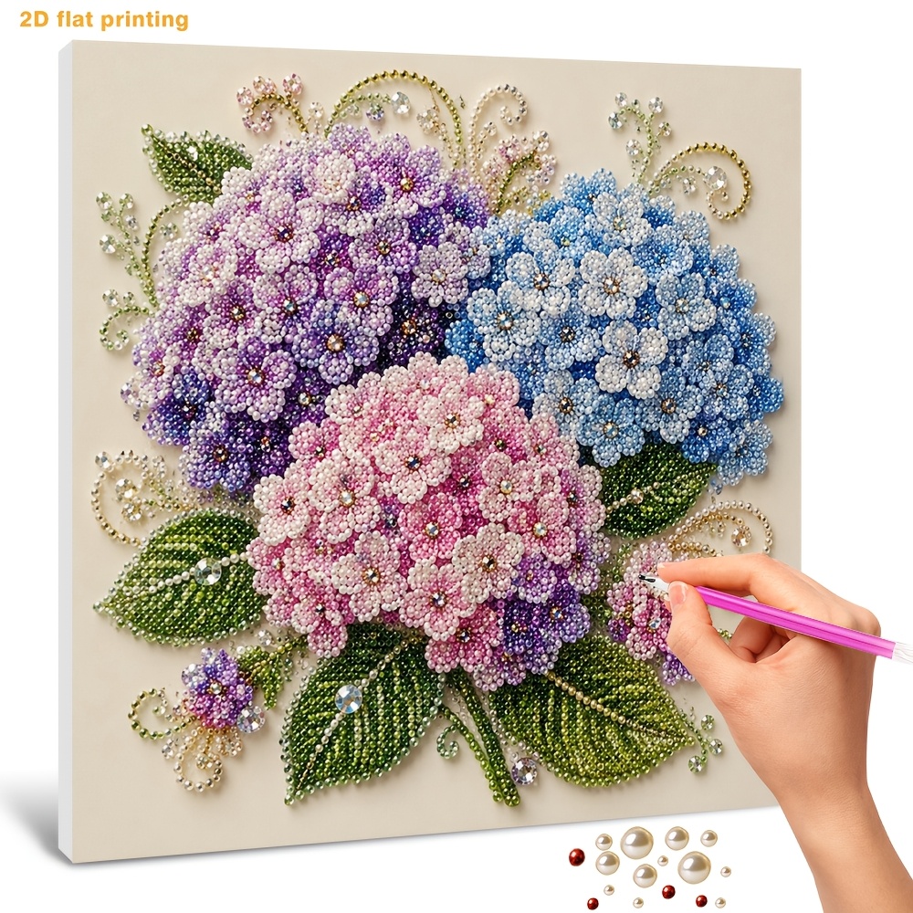 TEMU Set per pittura con perle fai da te 11,8x 11,8 pollici - Motivo bouquet di ortensie colorate, perle , , istruzioni , set completo di attrezzi e