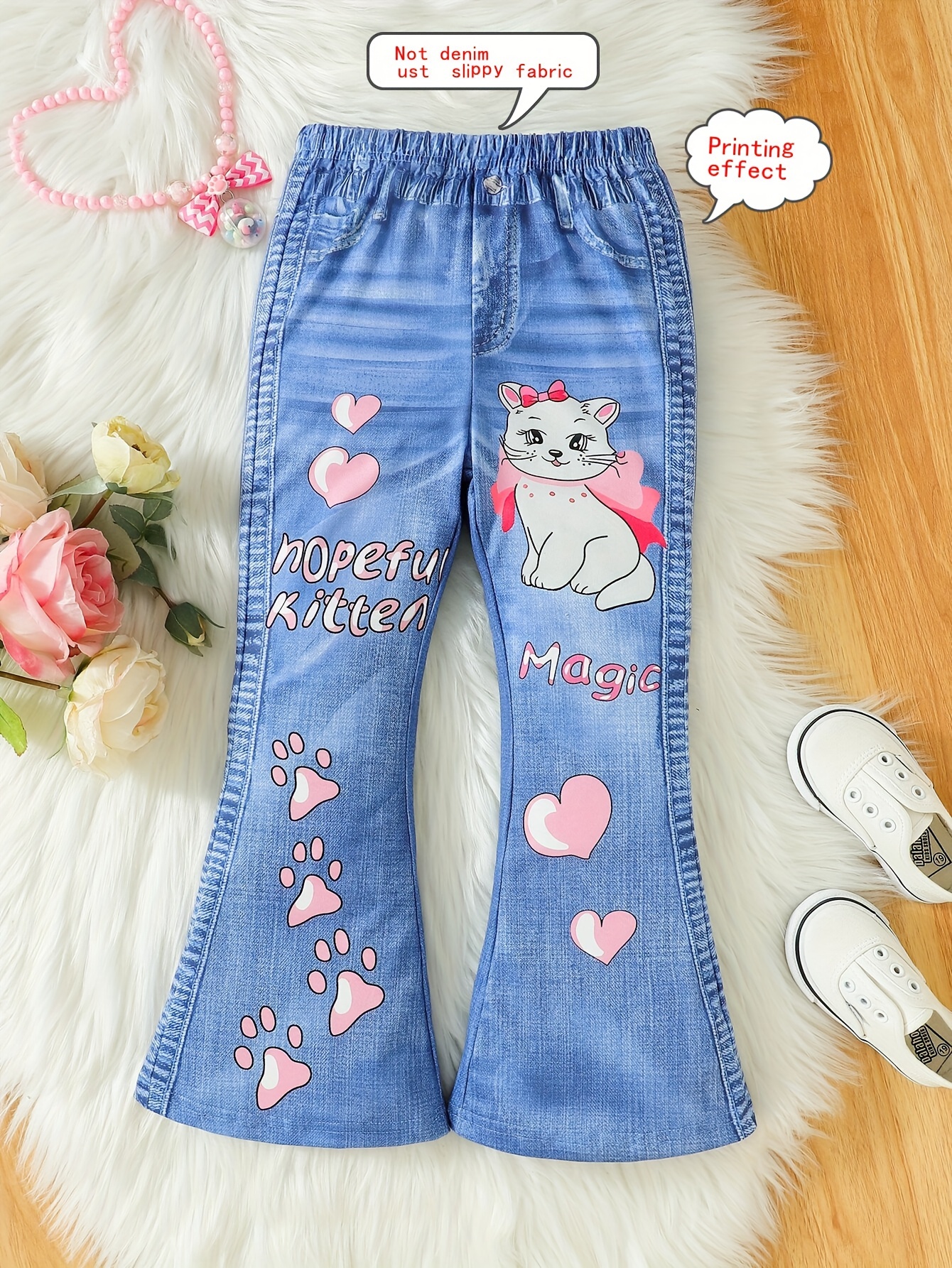 Cartoon Cats Print Flare Leg Pants For Girls, Imitation Denim Print Allover  Digital Print Elastic Trousers Without Pocket