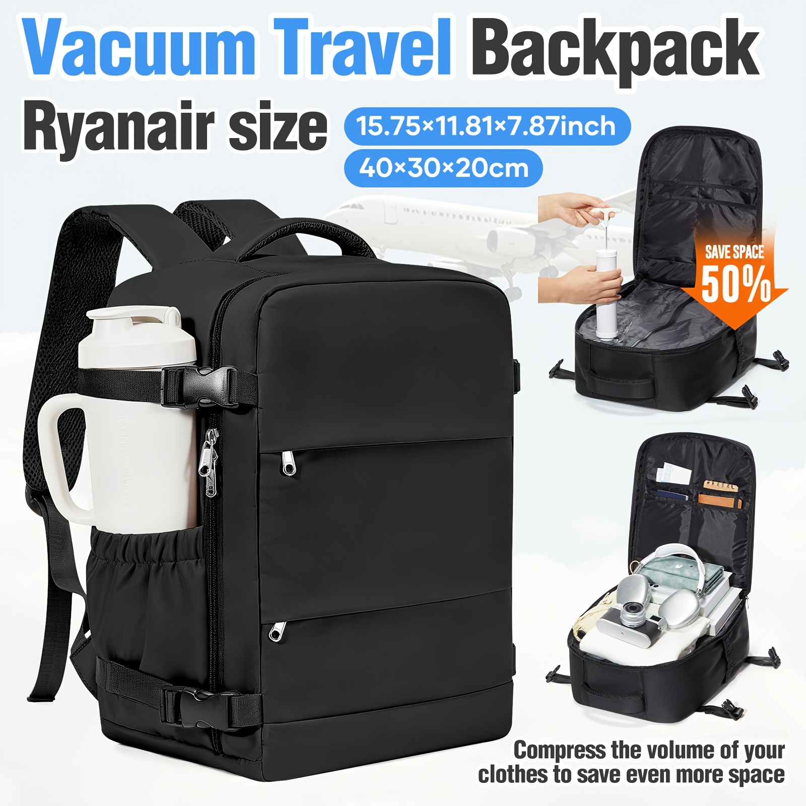 TEMU Vacuum Compression Backpack, Carry-on Approved, With Vacuum Pump And Combo Set, 40x30x20cm Cabin Bag, Large Capacity Design, Multifunctional