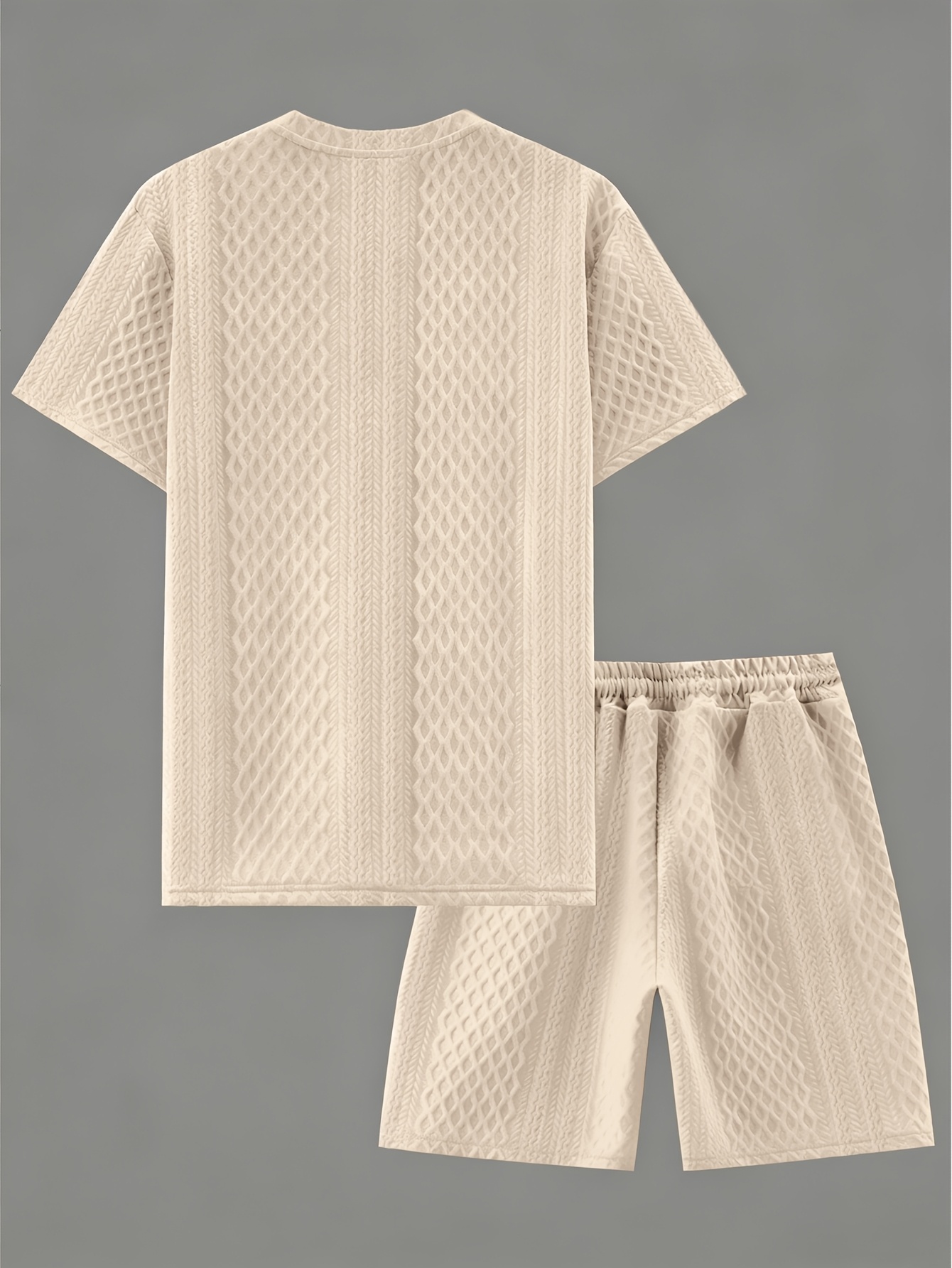 Men's New Textured Fabric Crew Neck T-Shirt + Drawstring Shorts Set