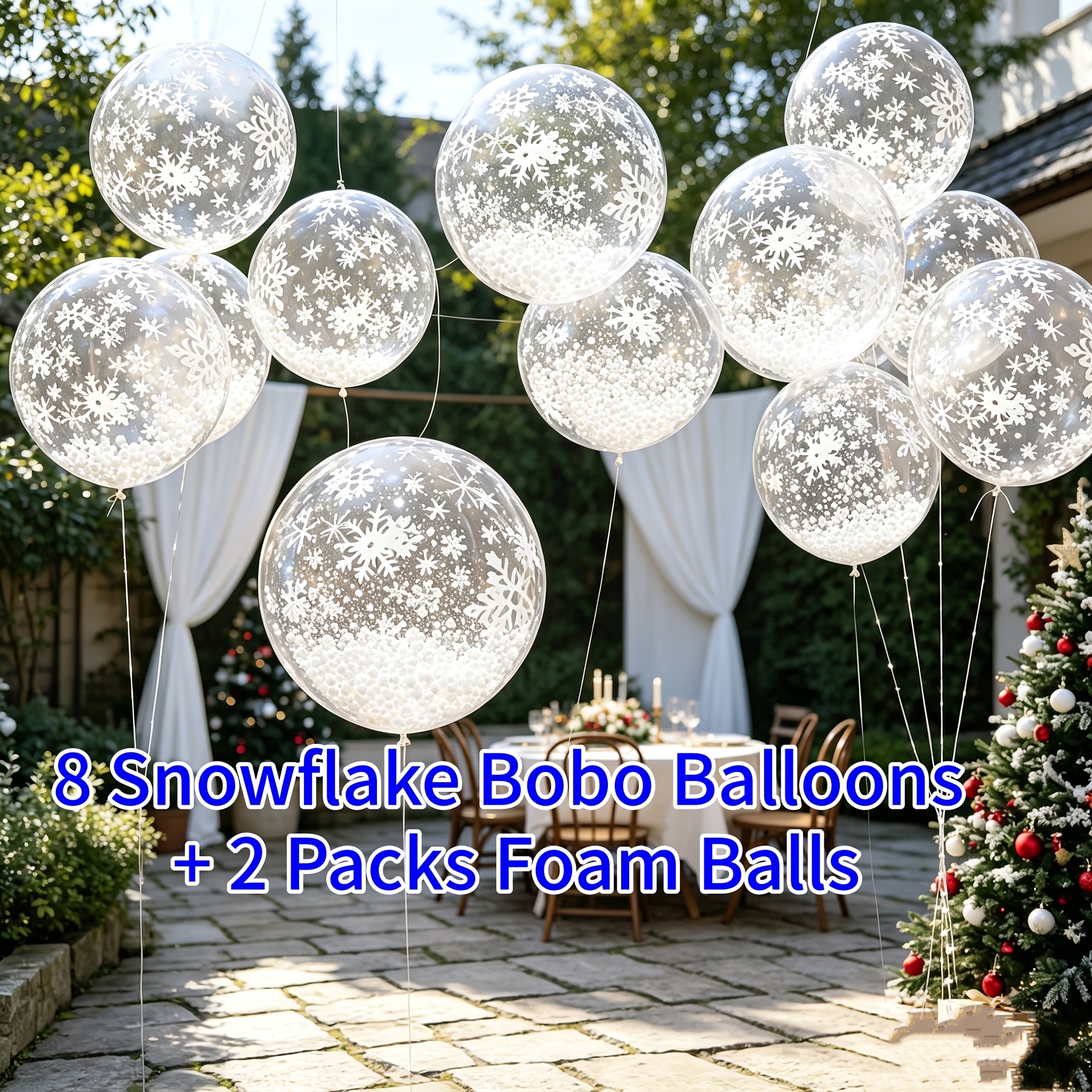 TEMU Winter Theme 10pcs Pom-pom Ball Set, 20-inch Snowflake Transparent Balloon With White Foam Beads, Manual Create Atmosphere, Christmas Gathering