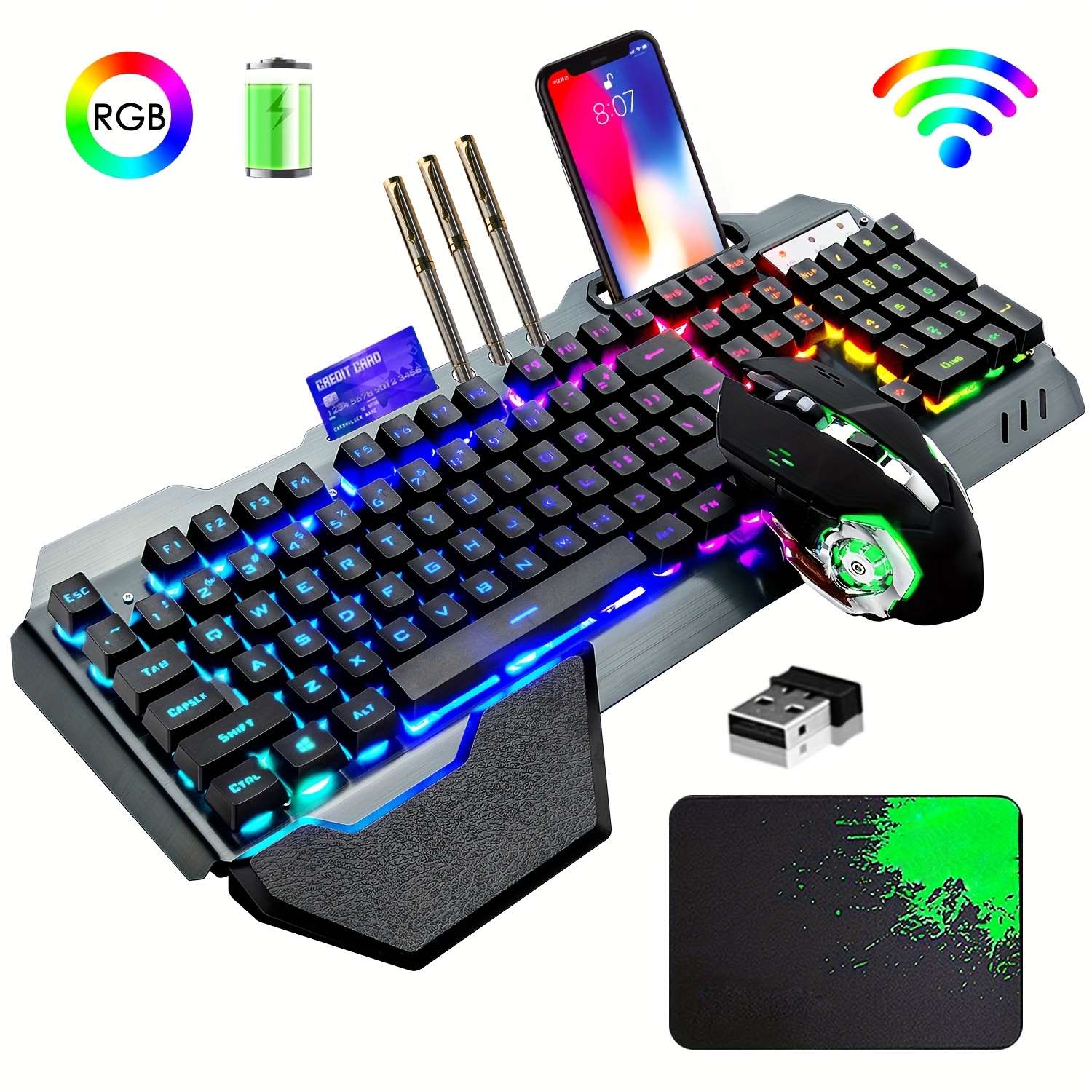 

Qzukoy Gaming Keyboard And Mouse Set Wireless Rainbow Backlit Rechargeable Metal Panel Mechanical Feel Keyboard And Gaming Mouse For Gamer Laptop Pc