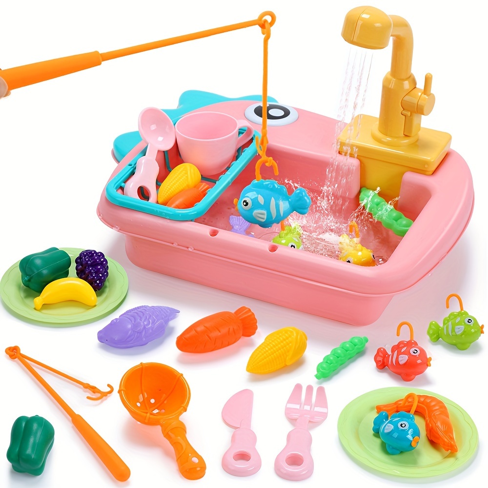 

Mini Play Sink With Running Water With Automatic Water Circulation, Kids Pretend Role Play Dinosaur Dishwasher Toys For Kids, Pink