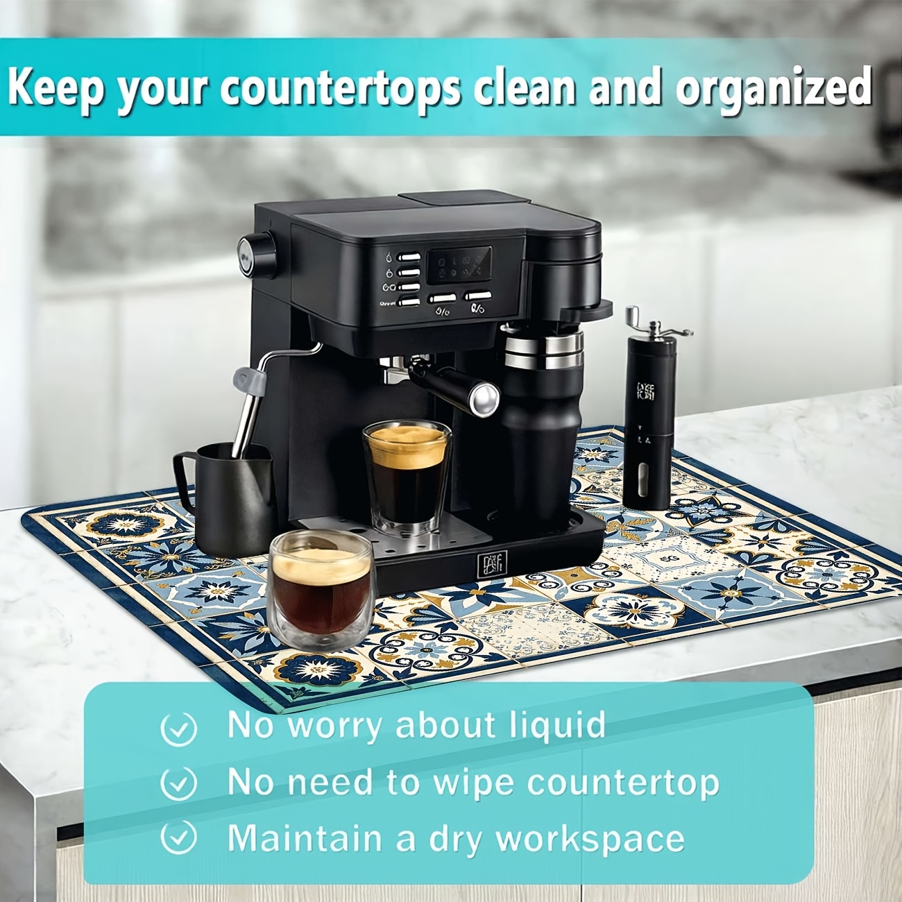 TEMU 1pc Super Absorbent Quick-drying Non-slip Kitchen Mat Coffee Mat - Countertop Dish Drying Mat, Vintage Blue And White Floral Tile Pattern,