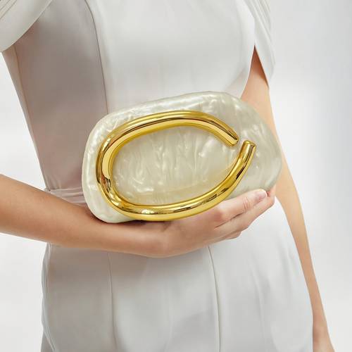 elegant womens pattern clutch with golden handle white acrylic evening magnetic closure removable strap for parties cocktail events perfect gift for her cocktail party accessory sophisticated design polyester lined interior