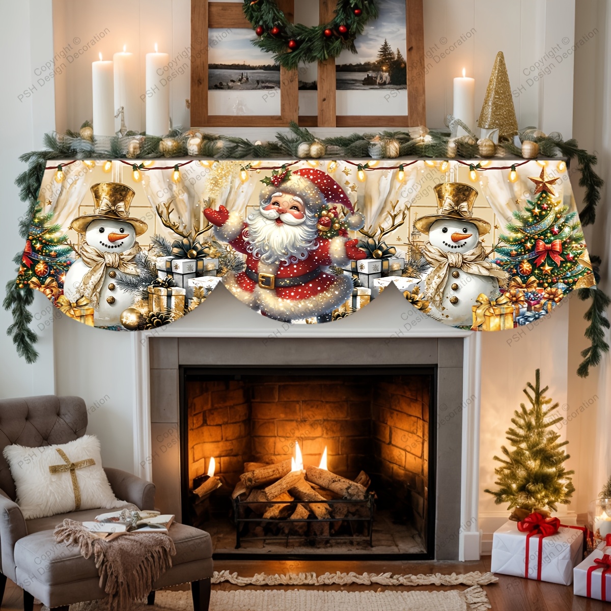 TEMU 1pc Christmas-themed, Golden-style Santa Claus, Snowman, And Christmas Fireplace Mantel Scarf, Fireplace Decoration, Holiday Party Supplies,