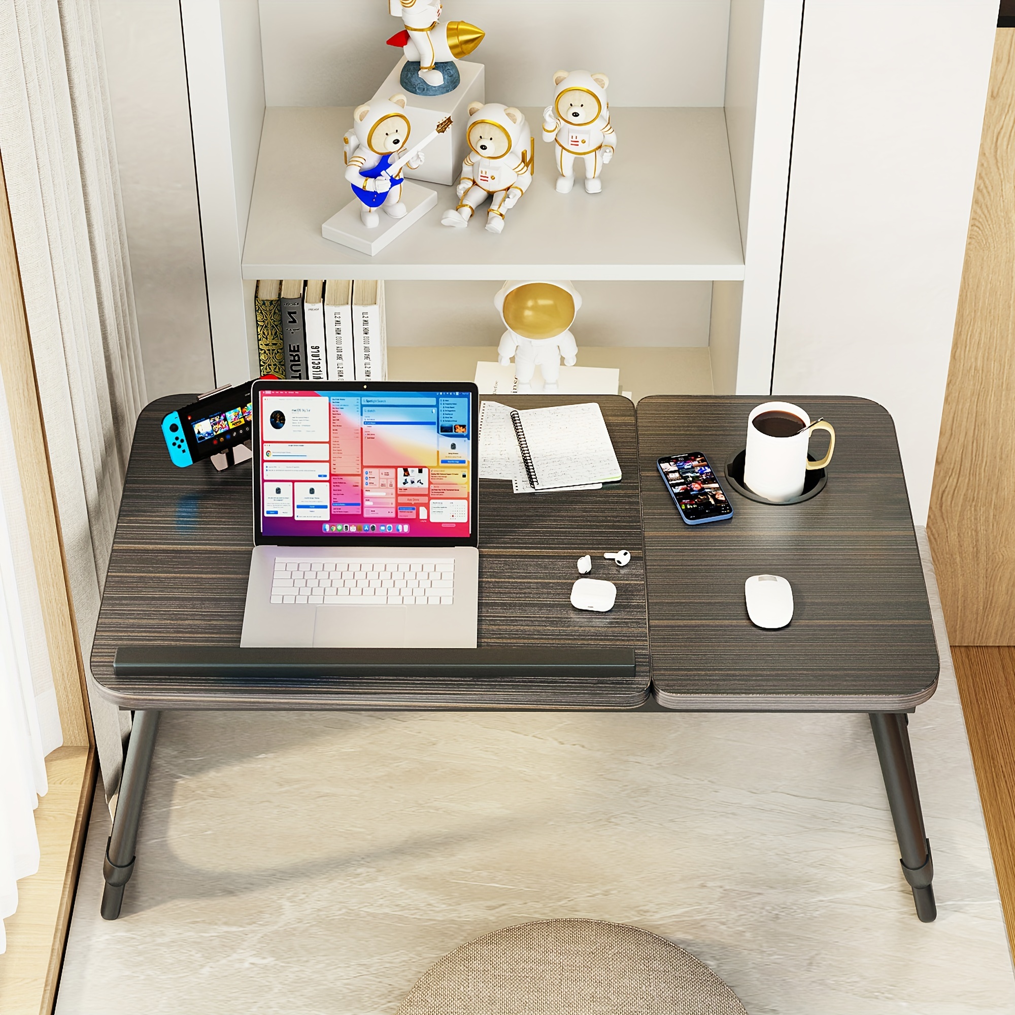  WWWFZS Mesa de sofá para cama sobre la cama, silla portátil  para colocar sobre la cama, en forma de C, computadora portátil, escritorio  para oficina (color fondo negro, flor blanca B) 