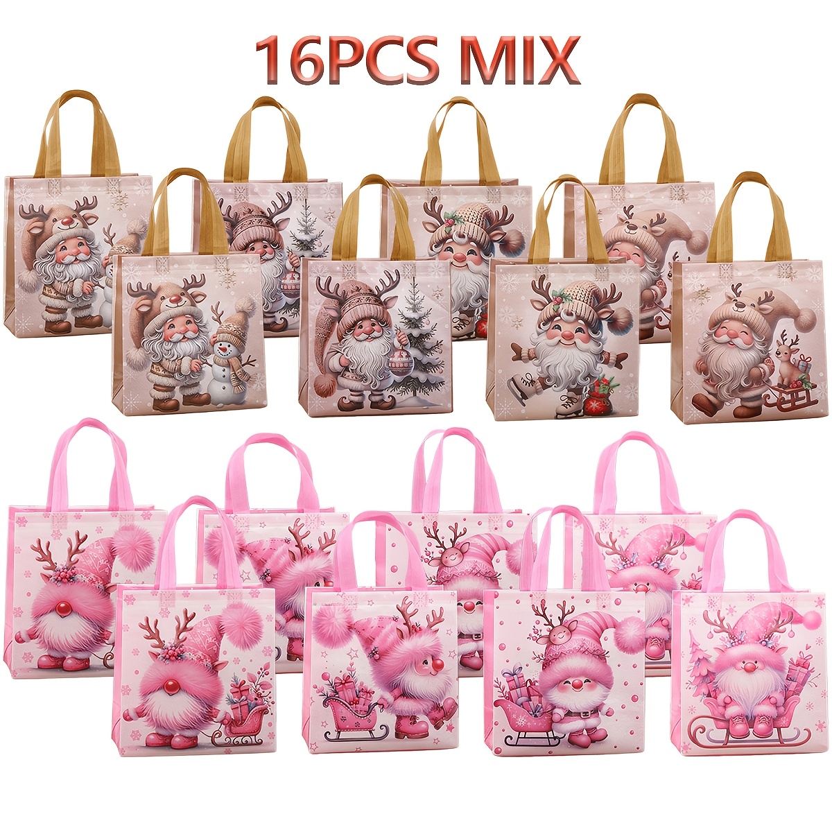 TEMU 16pcs Pack 16pcs Suitable For Christmas Party Bags With Santa Claus, Reindeer, Sleigh & Snowman Print Non-woven Gift Bags Suitable For Weddings,