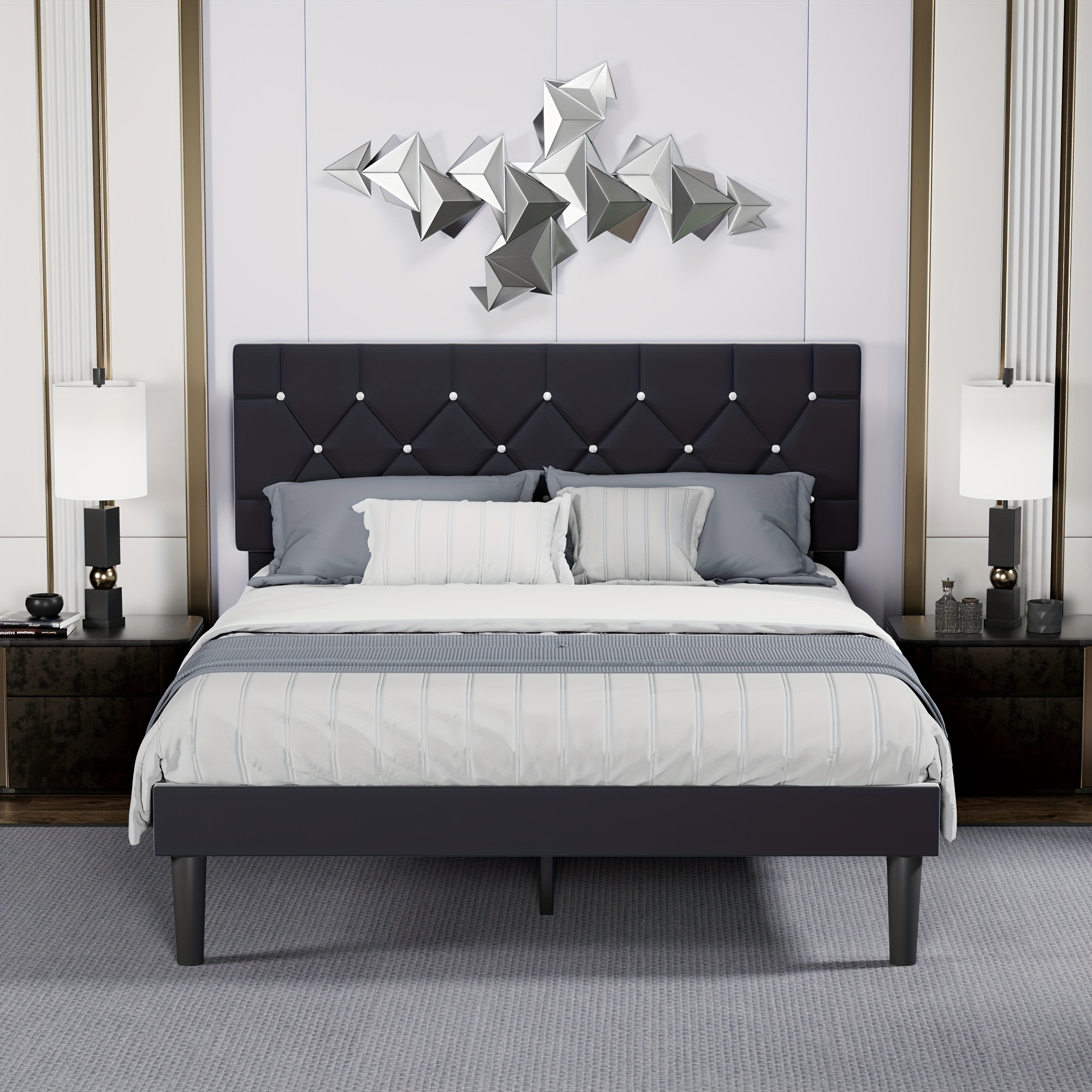 

Vecelo Full Size Bed Frame, Upholstered Platform With Adjustable Diamond Tufted Headboard, Wood Slat Support, No Box Spring Needed, Velvet Black