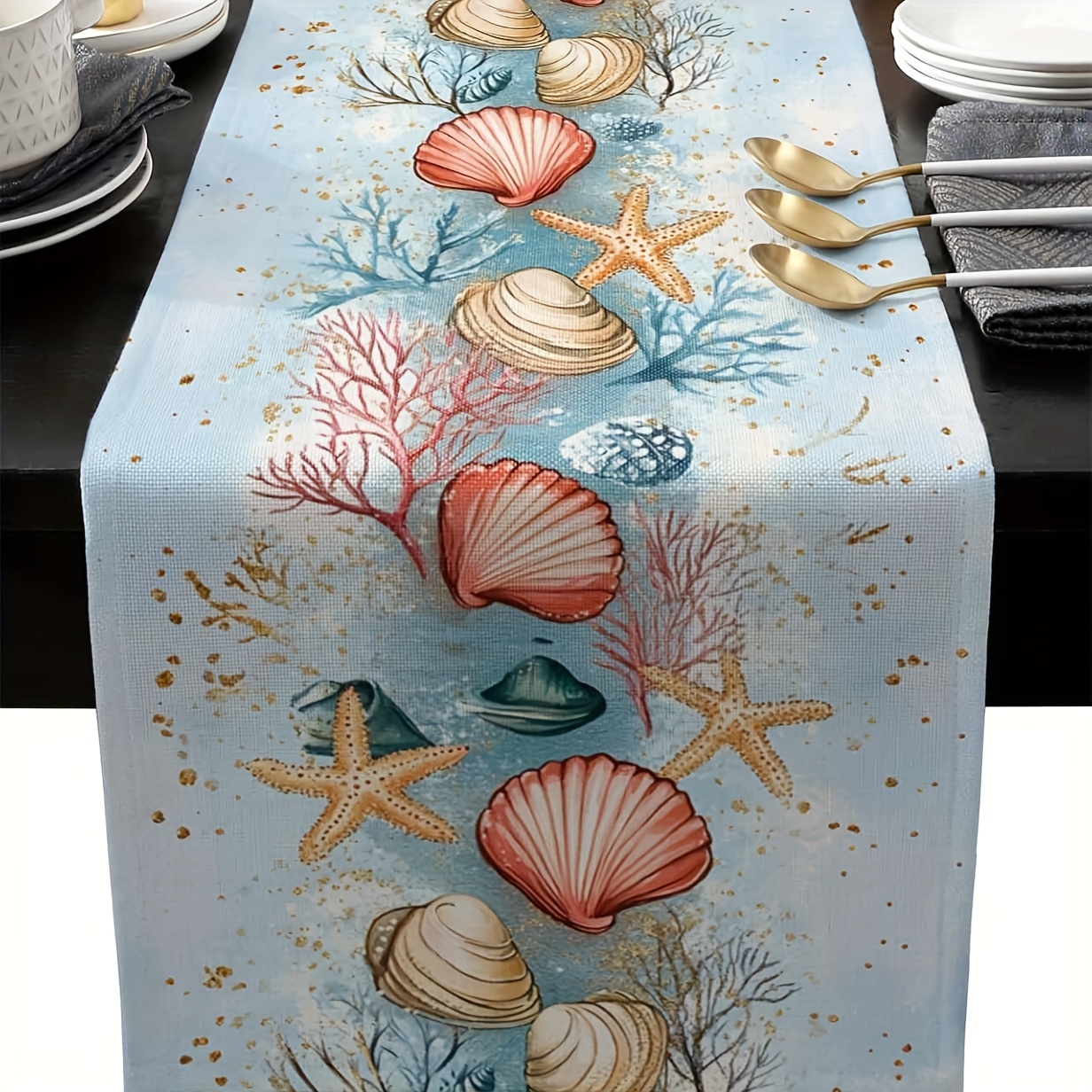 TEMU 1pc, Coastal Coral Table Runner For Dining Table Decor, Ocean Blue Starfish Shell Summer Beach Burlap Farmhouse Table Runner Coffee Dresser