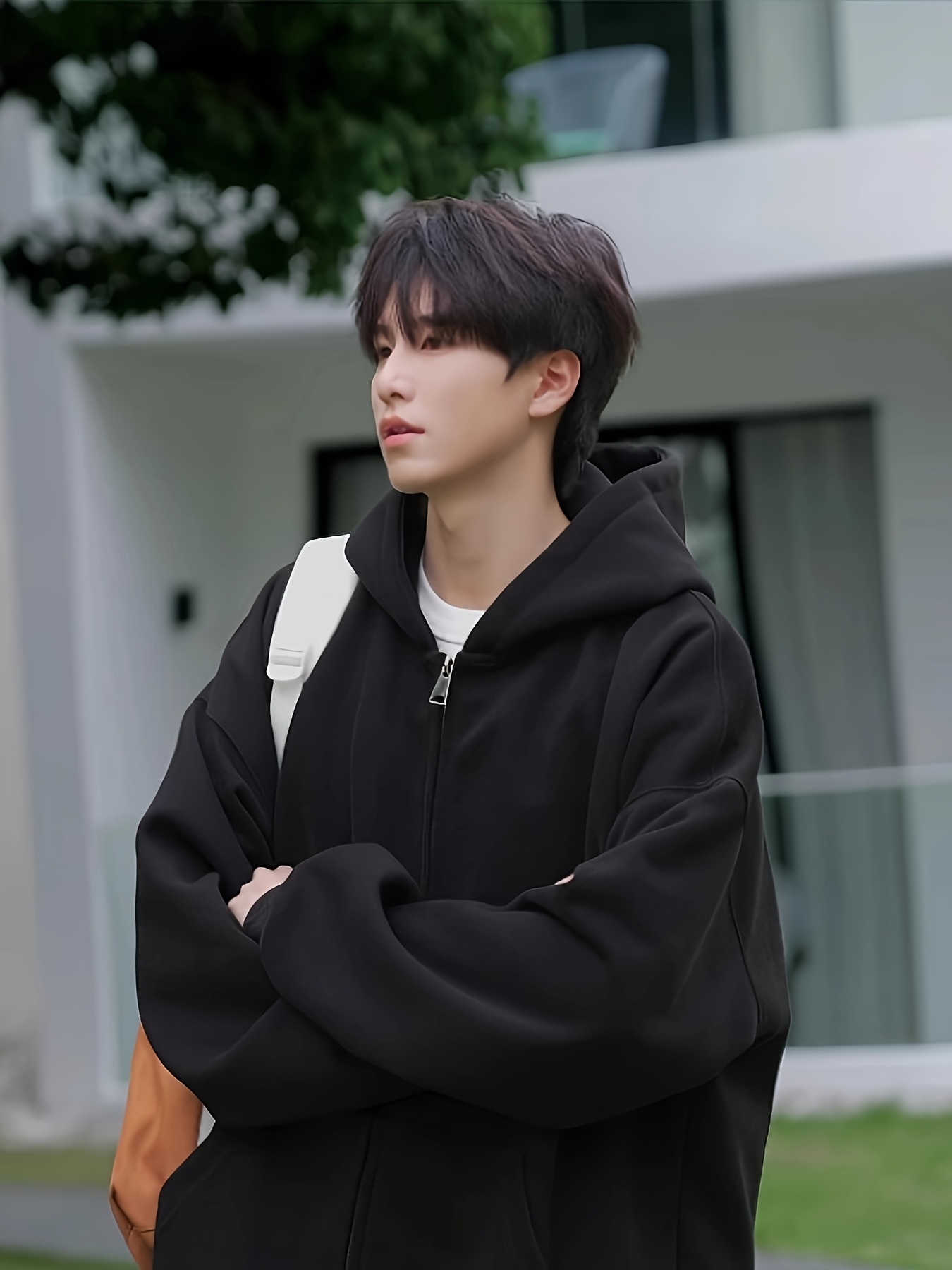   남성용 캐주얼 더블-지퍼 후드티 - 420g 헤비웨이트, 면 혼방, 단색 그레이, 루즈핏 캥거루 포켓, 봄 & 가을용