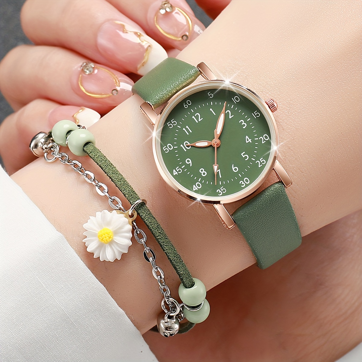 

2 Pcs Green Quartz Watches Pu Leather Strap Zinc Alloy Pointer Zinc Alloy Dial And Flower Bracelet Jewelry For Women