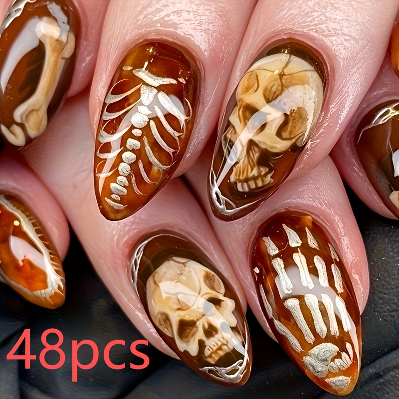 TEMU Halloween Almond-shaped Scary White Skeleton Halloween Night Wearable Nail Art For Fashionable Ladies - 48pcs