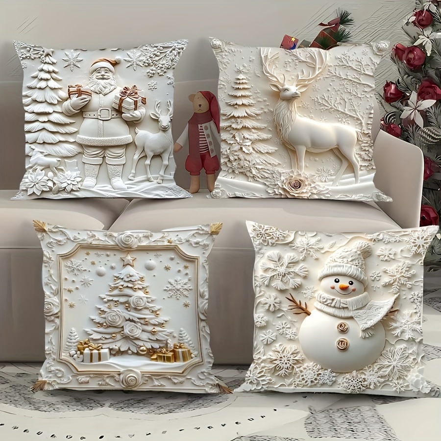 

4pcs Set White 3d Christmas Pillow Covers - Santa, Snowman, Tree & Reindeer Designs | Velvet Single-sided Print | Machine Washable | Living Room, Office Decor | Zip Closure | Polyester