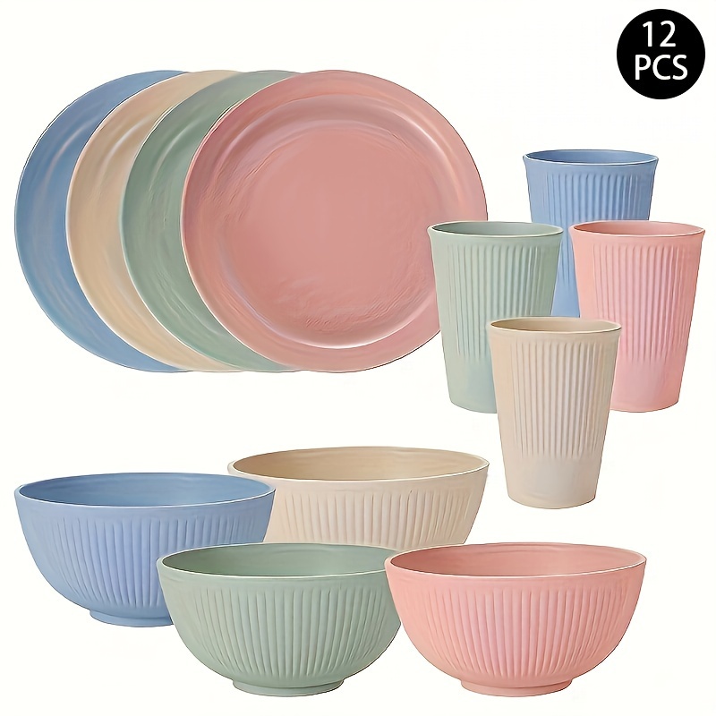 

12pcs Reusable Dinnerware Set - Includes 4 Plates, Bowls & Cups - Dishwasher & Microwave Safe, Lightweight & Unbreakable - Home, Kitchen, Restaurant, Dorm, Camping & Travel, Portable, Daily Use