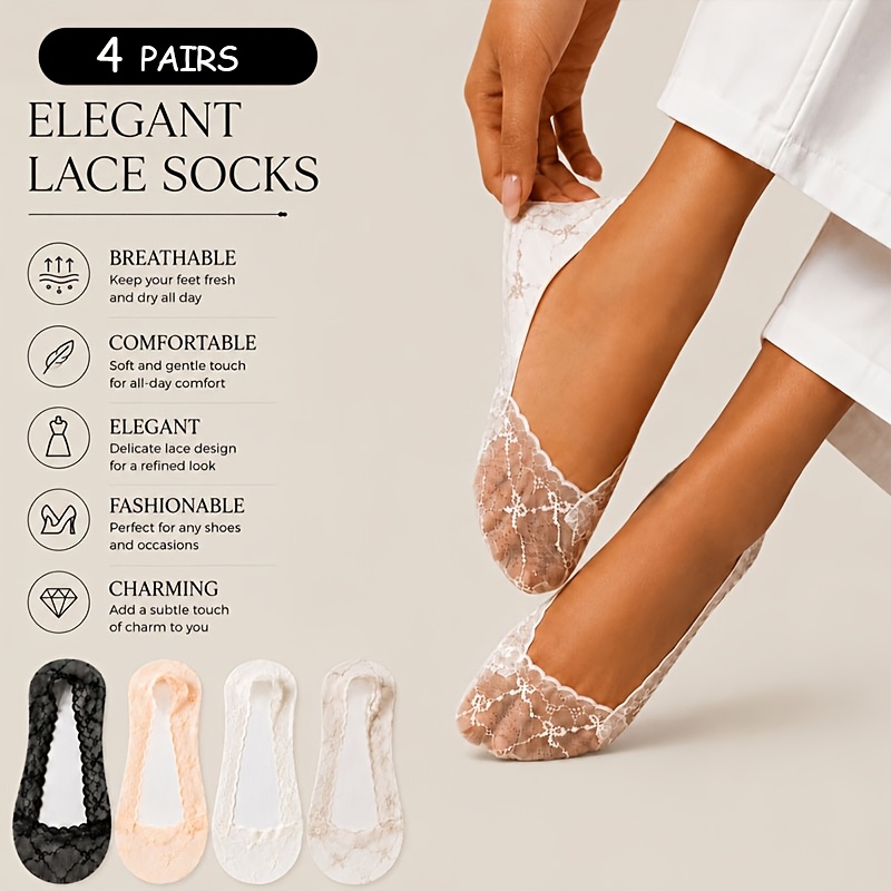 TEMU 4-pair Women's Socks, Elegant, Fashionable, And With A Sexy Bow Pattern And Lace, Low-cut, Shallow-opening Invisible Socks, Thin, Breathable,