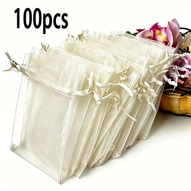 TEMU 100pcs Pack Organza Transparent Drawstring Gift Bags Suitable For Wedding Favors, Party Supplies, Showers, Bridal Showers - Small Bags With