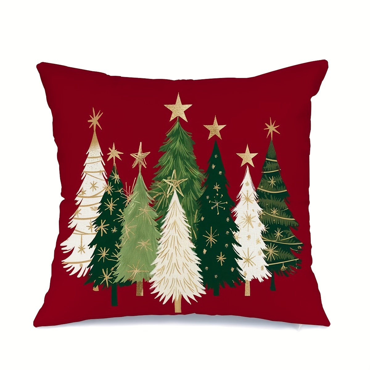 

Festive 18x18 Inch Christmas Tree And Star Printed Pillow Cover - Red, Machine Washable, Reversible, Zipper Closure, Suitable For Various Room Types, Made With Polyester Fabric