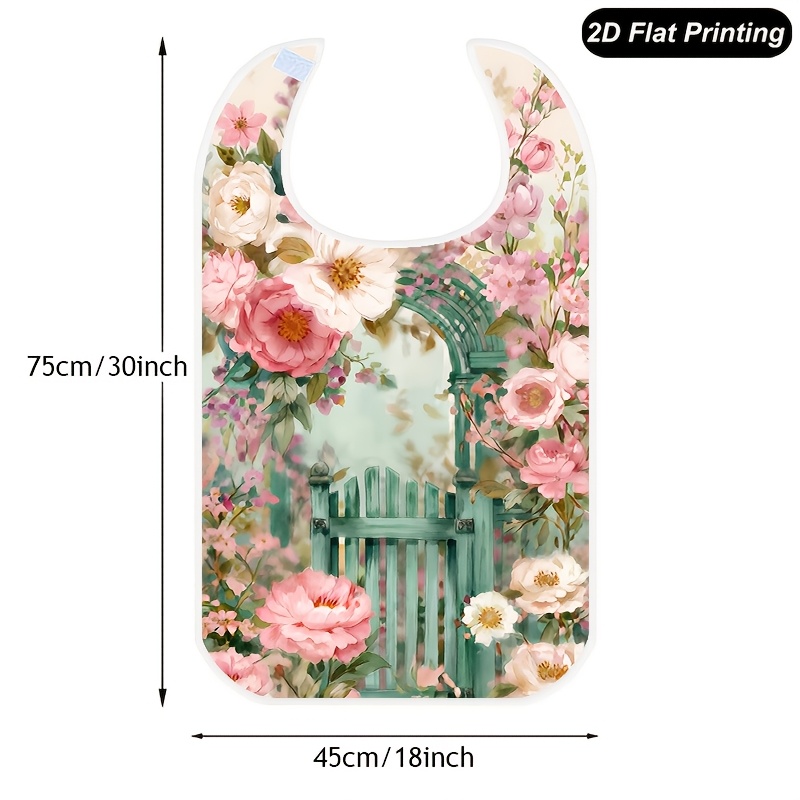TEMU 1pc Stylish Convenient Bib, Garden Gate With Pink Roses Pattern, Designed For Adult Dining It Effectively Prevents Food And Is Washable And