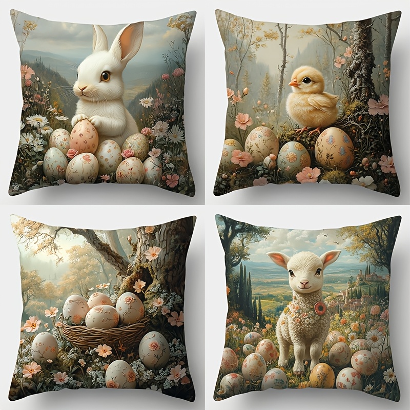 

Easter-themed 4pcs Pillowcase Set, Soft Polyester, Zipper Closure, Machine Washable, 17.7x17.7 Inches - Ideal For Home Sofa And Bedroom Decor, Contemporary Style