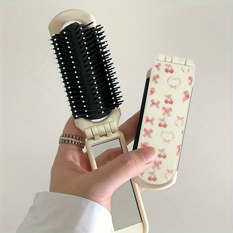 

Cherry Blossom Bowknot Folding Hair Comb With Built-in Mirror - Portable, Air Cushion Design For Gentle Detangling & Styling