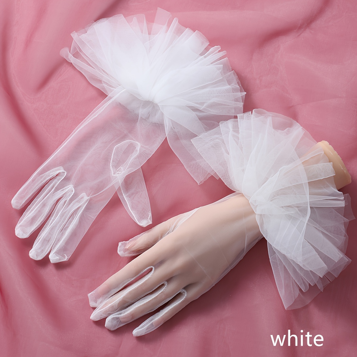 

Yabeni Elegant White Mesh Full Finger Gloves For Women, Non-stretch Solid Color Knitted Party Gloves, Decorative Wedding Accessories