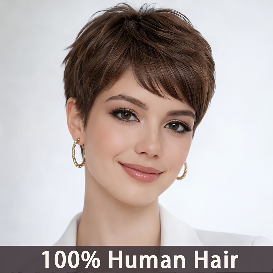 TEMU Perruque courte 4# en cheveux humains brésiliens pour femme, coupe brune, cheveux courts droits dentelle avec mèches, volume instantané, 150 %