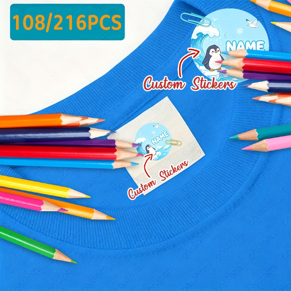 108/216pcs Personalized Penguin and Ocean Wave Name Stickers
