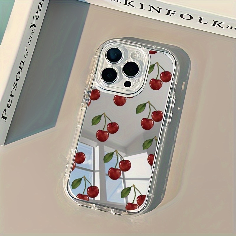 TEMU Phone Case: 1pc Cherry Mirror Print Full-body Shockproof Phone Case, Compatible With Multiple Iphone Models Including 17/16/15/14/13/12/11 Pro