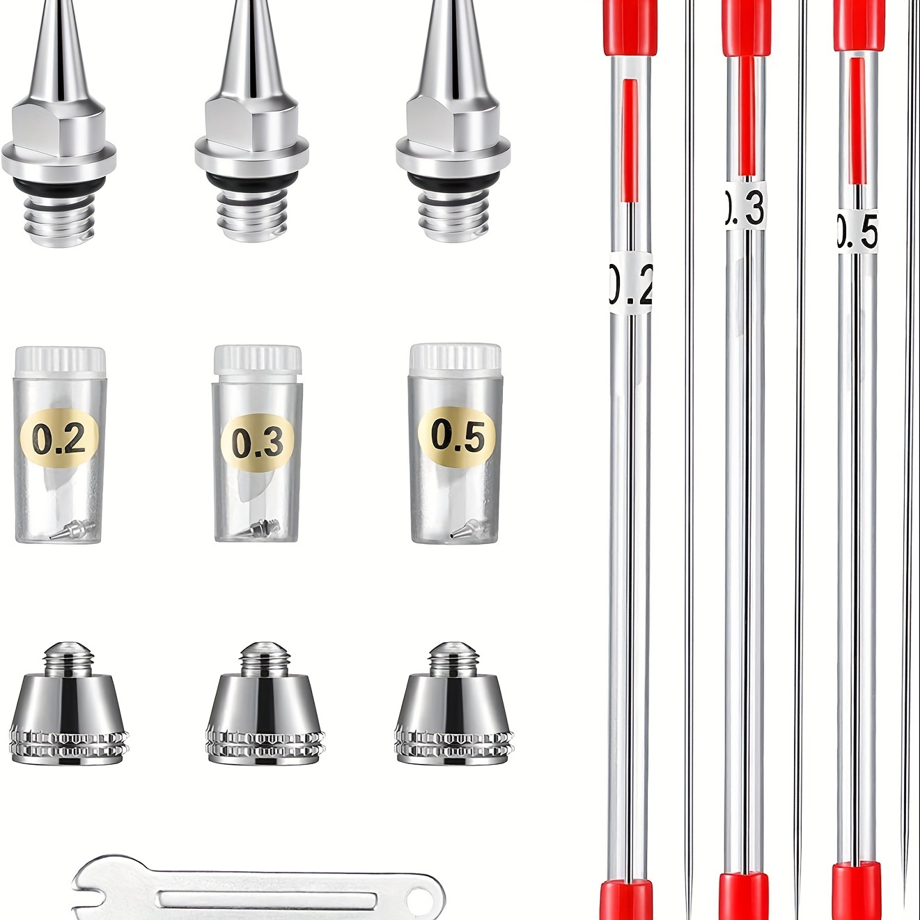 

Professional Airbrush Needle Nozzle Cap Set - 0.2/0.3/0.5mm Metal Airbrush Parts Kit With Storage Container - 3-piece Precision Uncharged Airbrush Accessories For Detailed Painting And Artwork