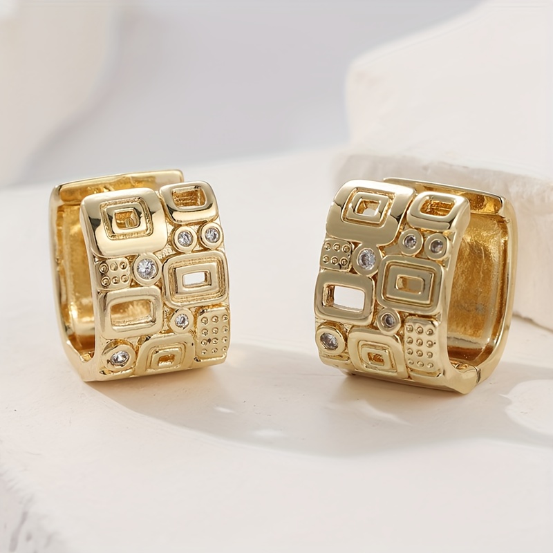 TEMU Vintage Wide Copper Material Hand Inlaid Synthetic Zirconia Earrings For Women, Bohemian Style Hoop Earrings